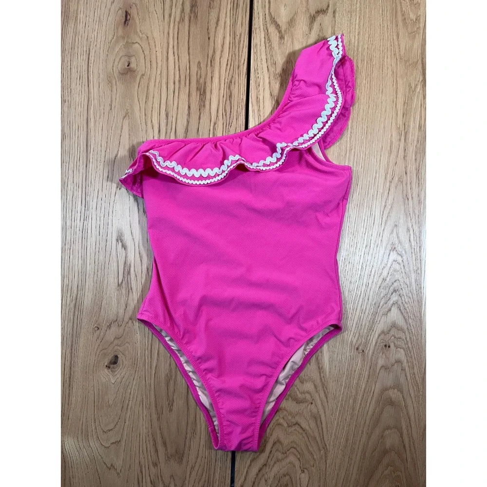 J.Crew One-Shoulder Ruffle One-Piece Swimsuit Womens 10 Pink Rickrack Preppy